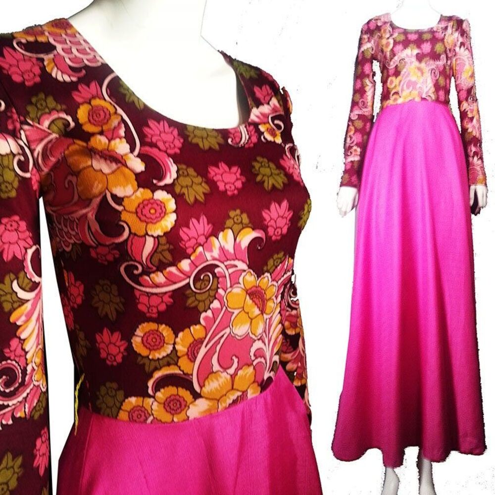 Vtg 60s 70s boho mod floral maxi hot pink skirt boho gown party hostess dress xs